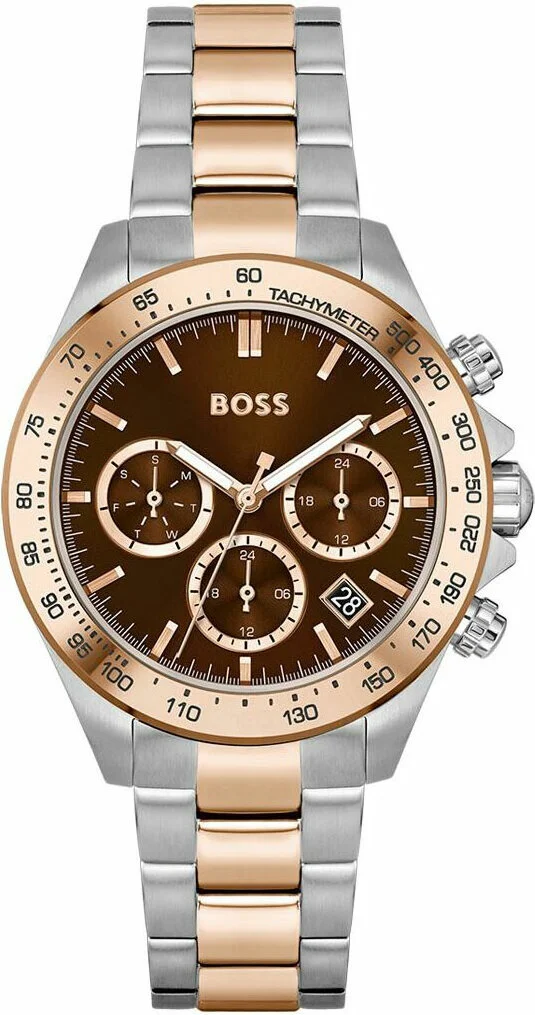 Montre Hugo Boss Sport Lux 1502617 Femme - Cadran Marron Soleillé, Bracelet Acier Bicolore Argent/Or Rose
