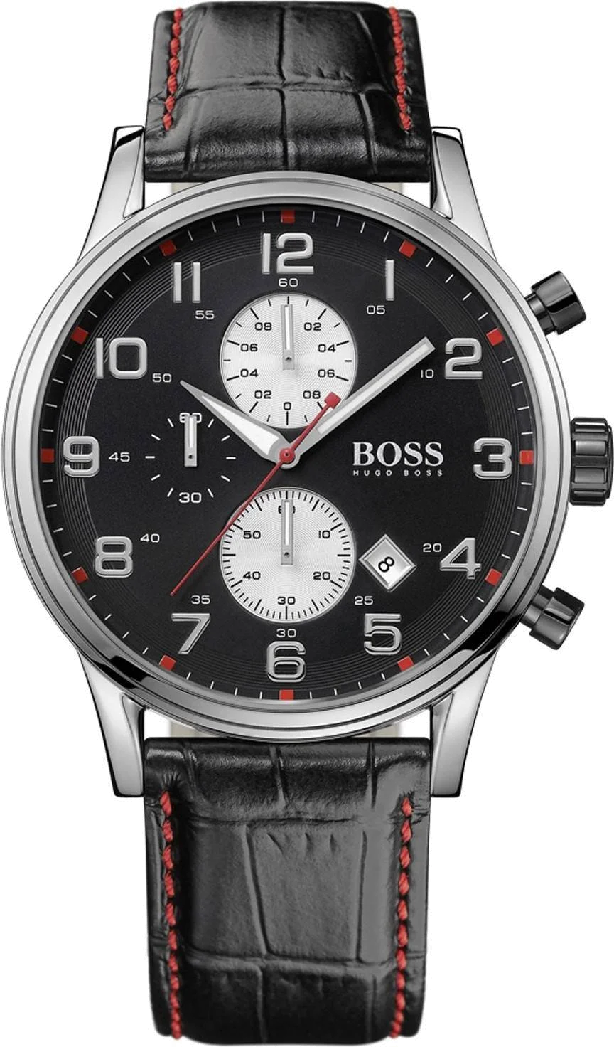 Montre Homme Hugo Boss 1512631 - Cadran Noir, Bracelet Cuir Crocodile Noir et Surpiqûres Rouges