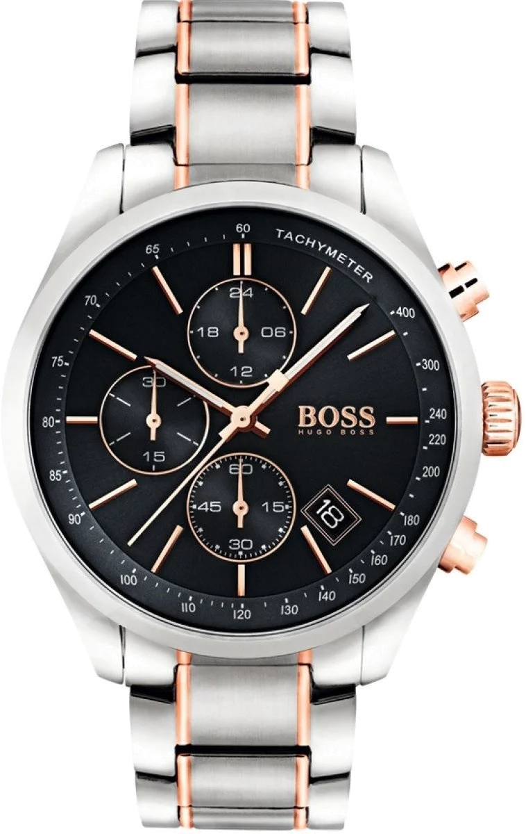 Montre Homme Hugo Boss Grand Prix 1513473 - Cadran Noir, Bracelet Acier Bicolore Argent