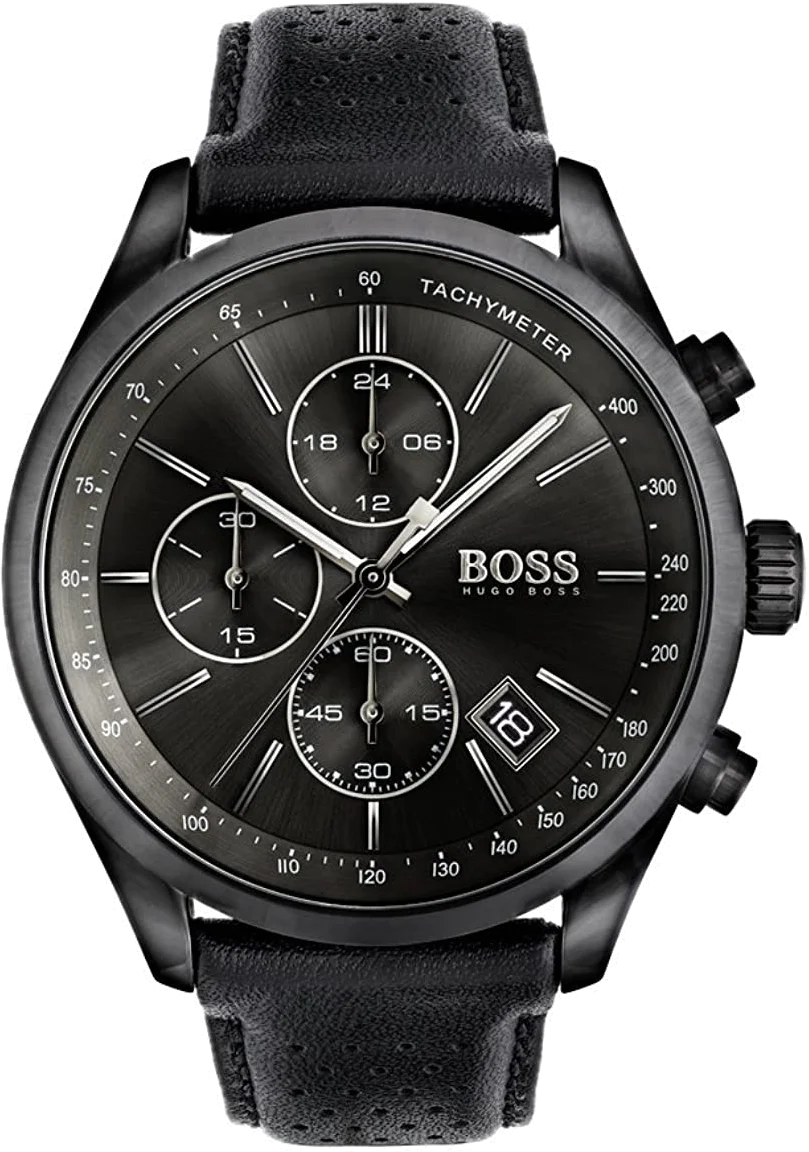 Montre Homme Hugo Boss 1513474 Chronomètre, Boîtier Noir Acier, Bracelet Cuir Noir Surpiqué