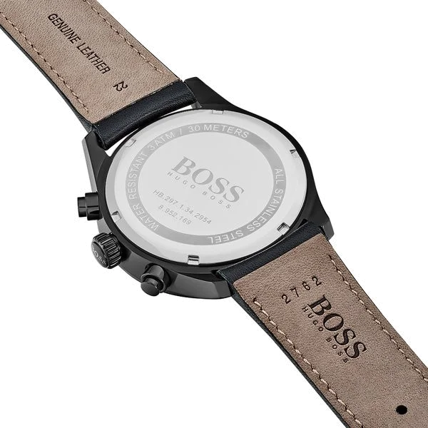 Montre Homme Hugo Boss 1513474 Chronomètre, Boîtier Noir Acier, Bracelet Cuir Noir Surpiqué vue 3