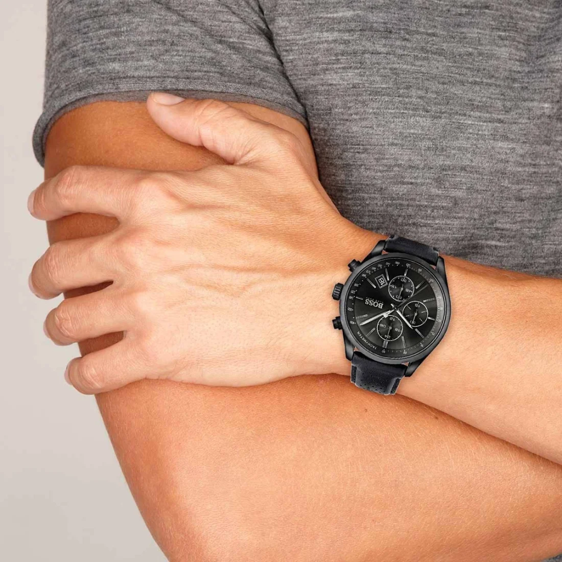 Montre Homme Hugo Boss 1513474 Chronomètre, Boîtier Noir Acier, Bracelet Cuir Noir Surpiqué vue 5