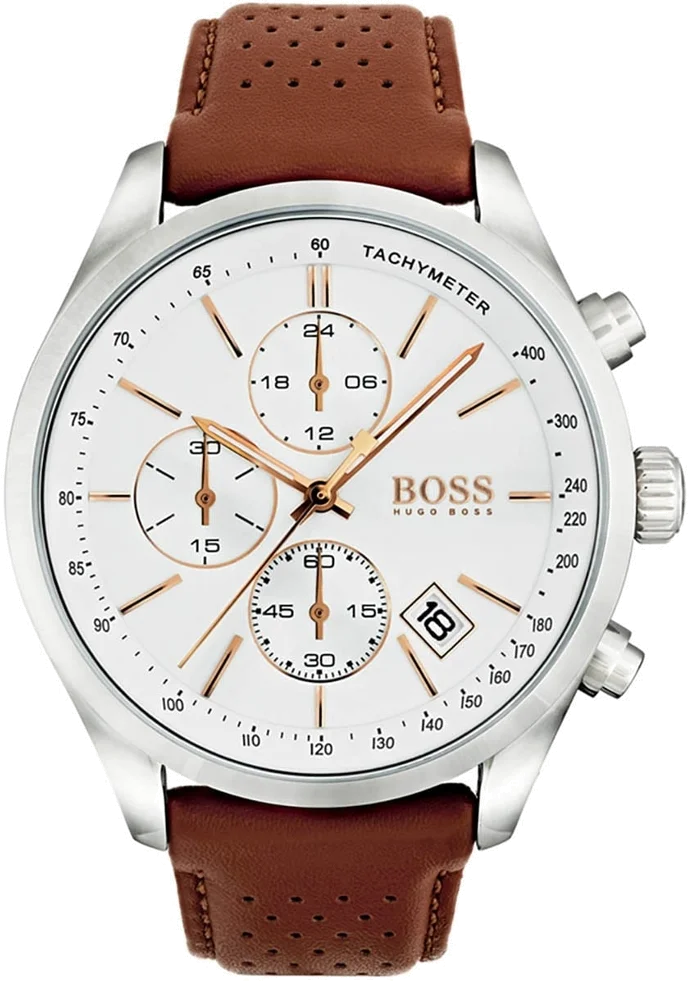 Montre Homme Hugo Boss 1513475 Cadran Blanc Boîtier Argent Bracelet Cuir Marron