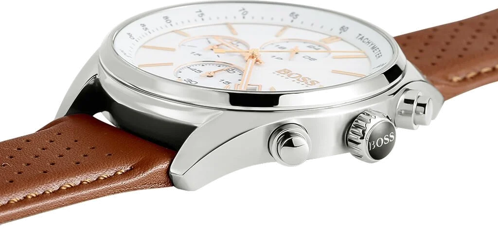 Montre Homme Hugo Boss 1513475 Cadran Blanc Boîtier Argent Bracelet Cuir Marron vue 3