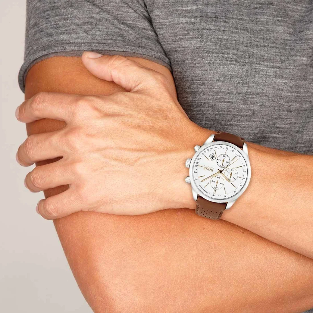 Montre Homme Hugo Boss 1513475 Cadran Blanc Boîtier Argent Bracelet Cuir Marron vue 5