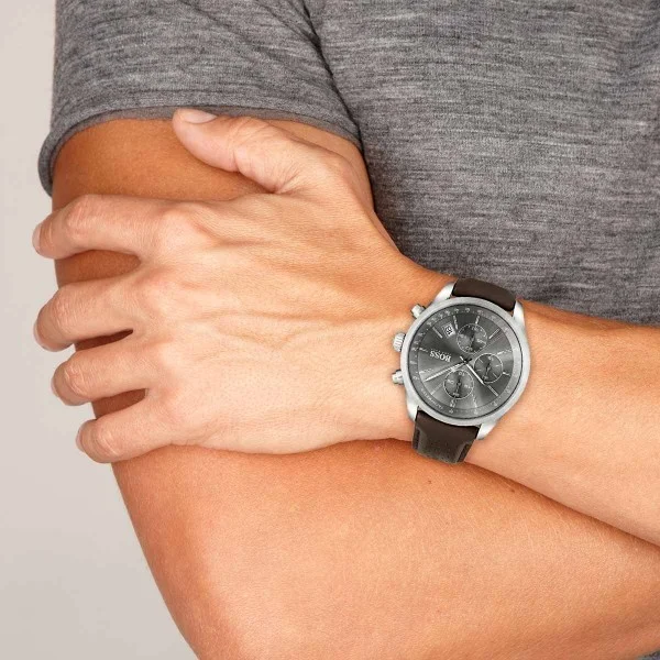 Montre Homme Hugo Boss 1513476 - Boîtier Acier, Cadran Gris, Bracelet Cuir Marron vue 3