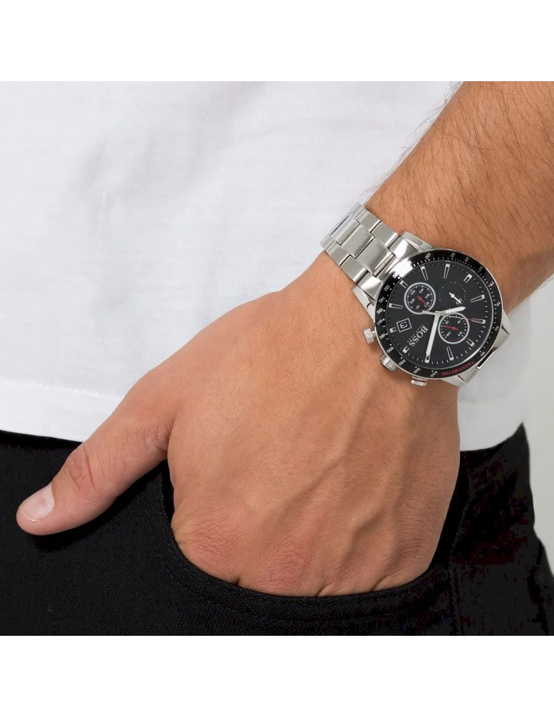 Montre Homme Hugo Boss 1513509 Acier Argenté Cadran Noir et Rouge vue 4