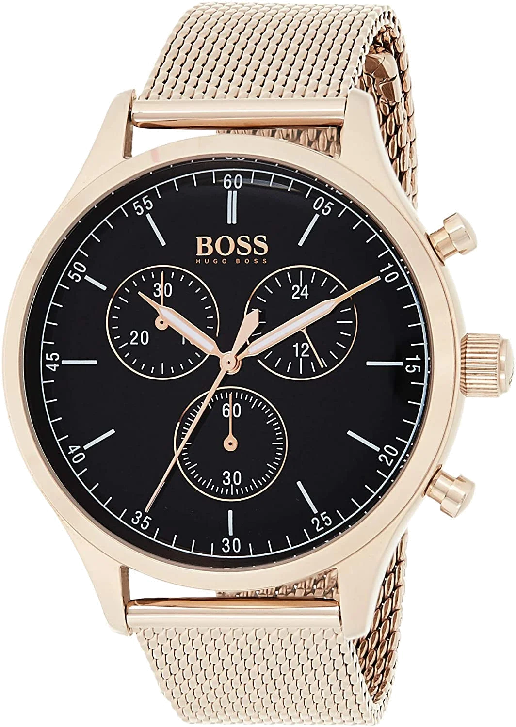 Montre Homme Hugo Boss 1513548, Boîtier Or Rose 44mm, Cadran Noir, Bracelet Maille Milanaise