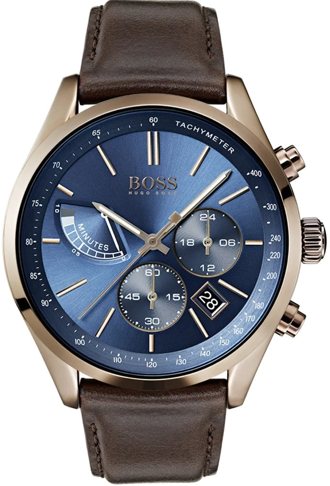 Montre Homme Hugo Boss 1513604 Chronographe Cadran Bleu Bracelet Cuir Marron