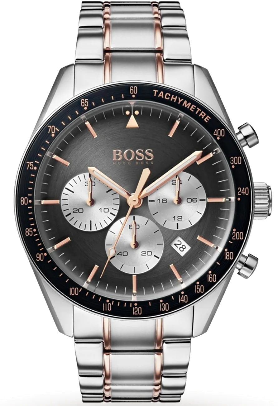 Montre Hugo Boss Trophy 1513634 Homme - Cadran Gris 44mm, Bracelet Acier Bi-Ton Or Rose