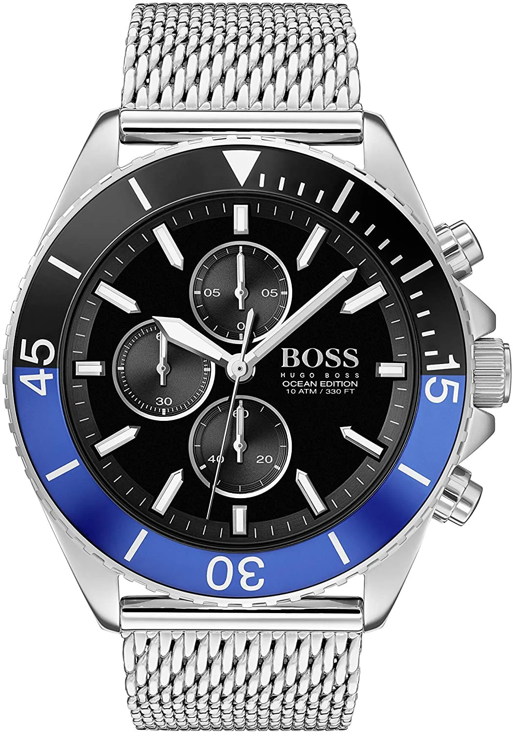 Montre Homme Hugo Boss 1513742 Edition Ocean - Cadran Noir, Boîtier Argent, Bracelet Maille Milanaise
