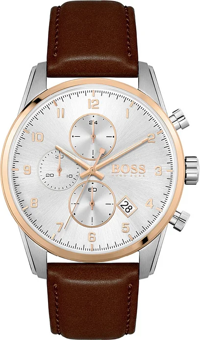 Montre Homme Hugo Boss Skymaster 1513786, Cadran Argent, Bracelet Cuir Marron