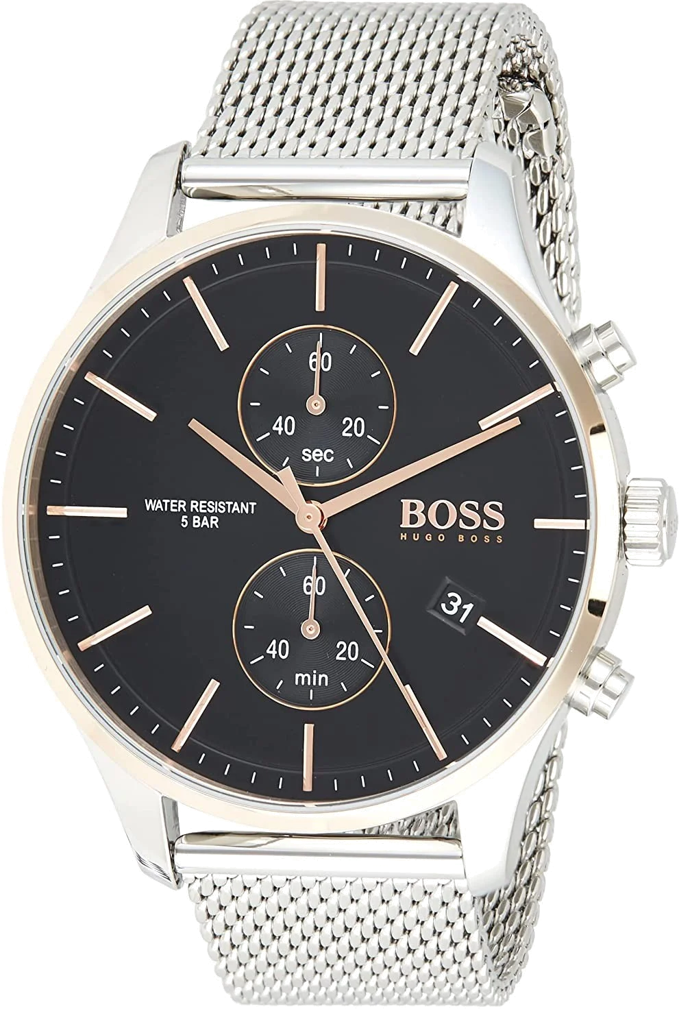 Montre Homme Hugo Boss Associate 1513805, Cadran Noir, Boîtier Argent, Bracelet Maille Milanaise