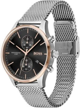 Montre Homme Hugo Boss Associate 1513805, Cadran Noir, Boîtier Argent, Bracelet Maille Milanaise vue 2