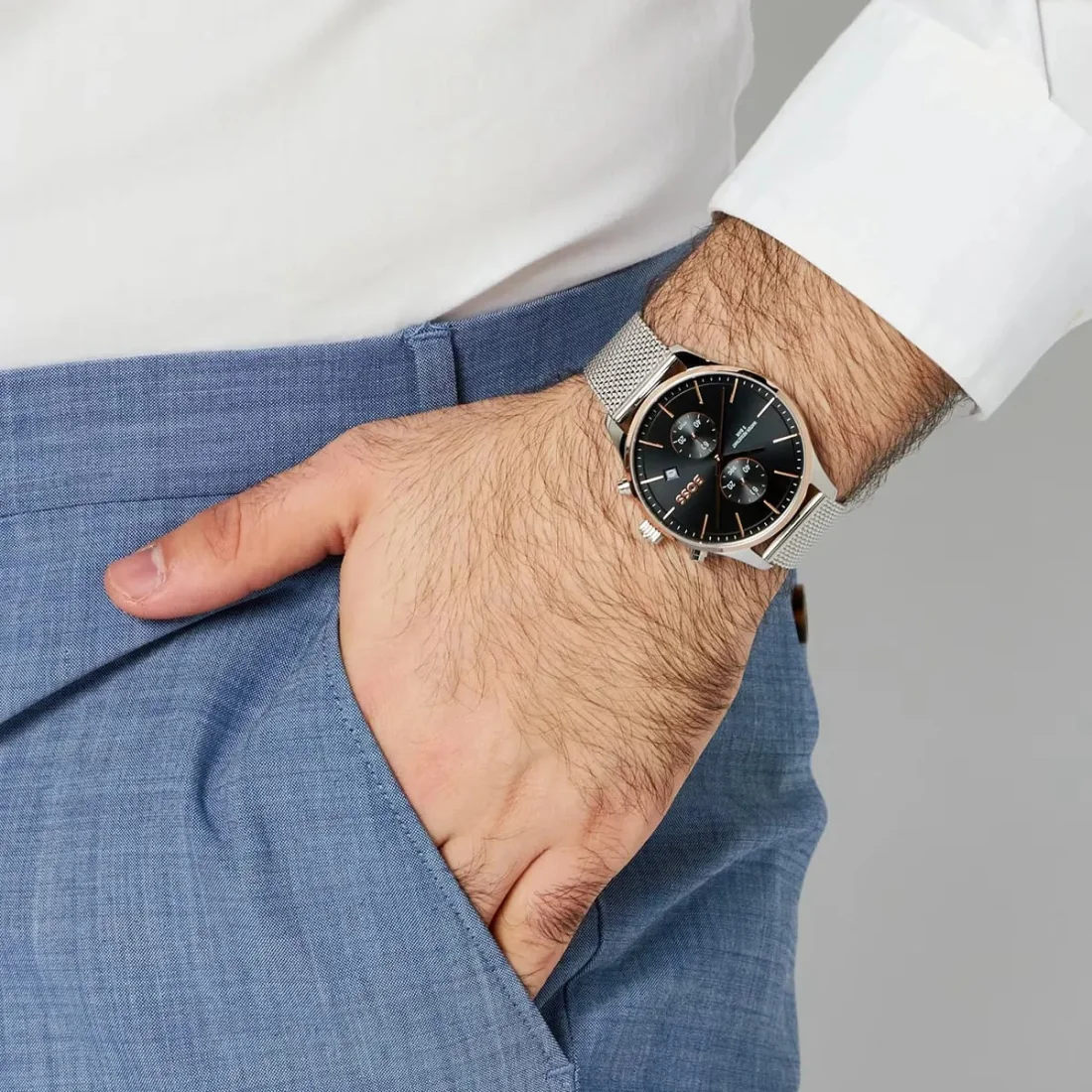 Montre Homme Hugo Boss Associate 1513805, Cadran Noir, Boîtier Argent, Bracelet Maille Milanaise vue 5