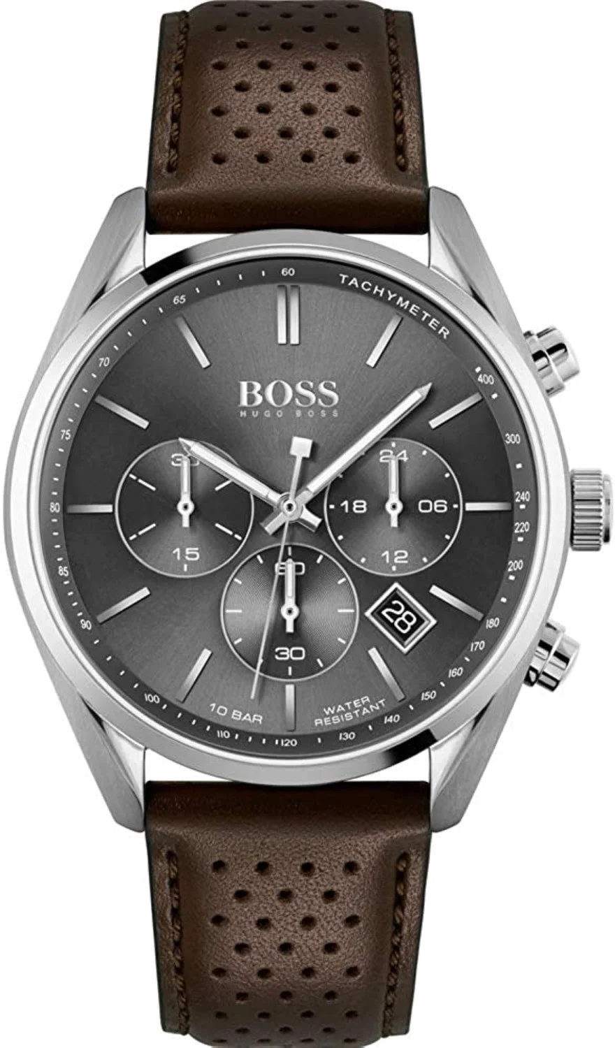 Montre Homme Hugo Boss Champion 1513815, Cadran Gris 44mm, Bracelet Cuir Perforé Marron