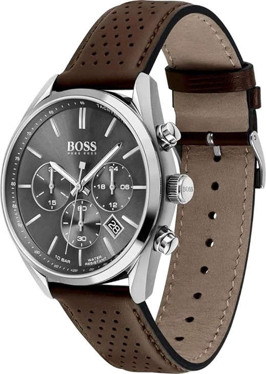 Montre Homme Hugo Boss Champion 1513815, Cadran Gris 44mm, Bracelet Cuir Perforé Marron vue 2