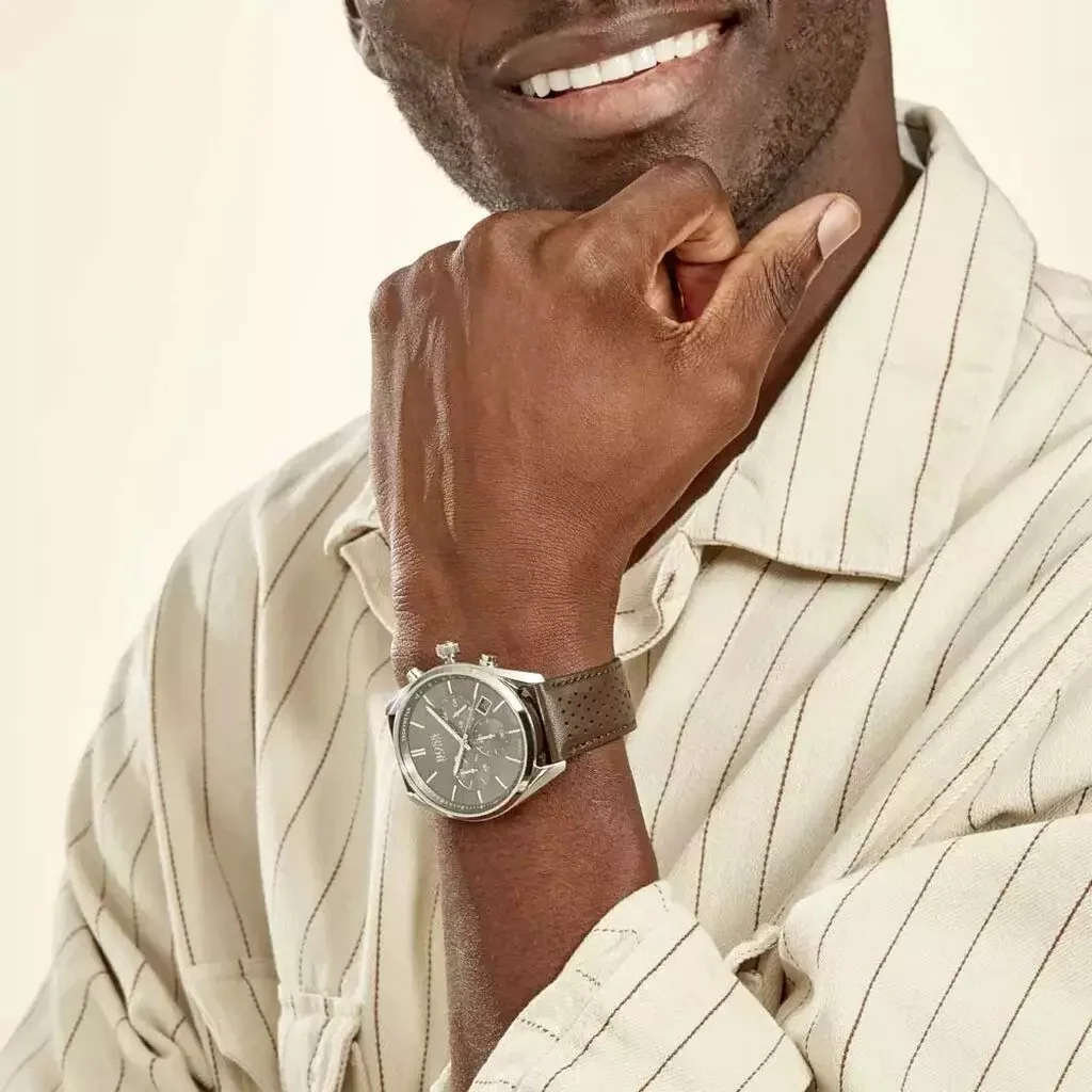 Montre Homme Hugo Boss Champion 1513815, Cadran Gris 44mm, Bracelet Cuir Perforé Marron vue 4