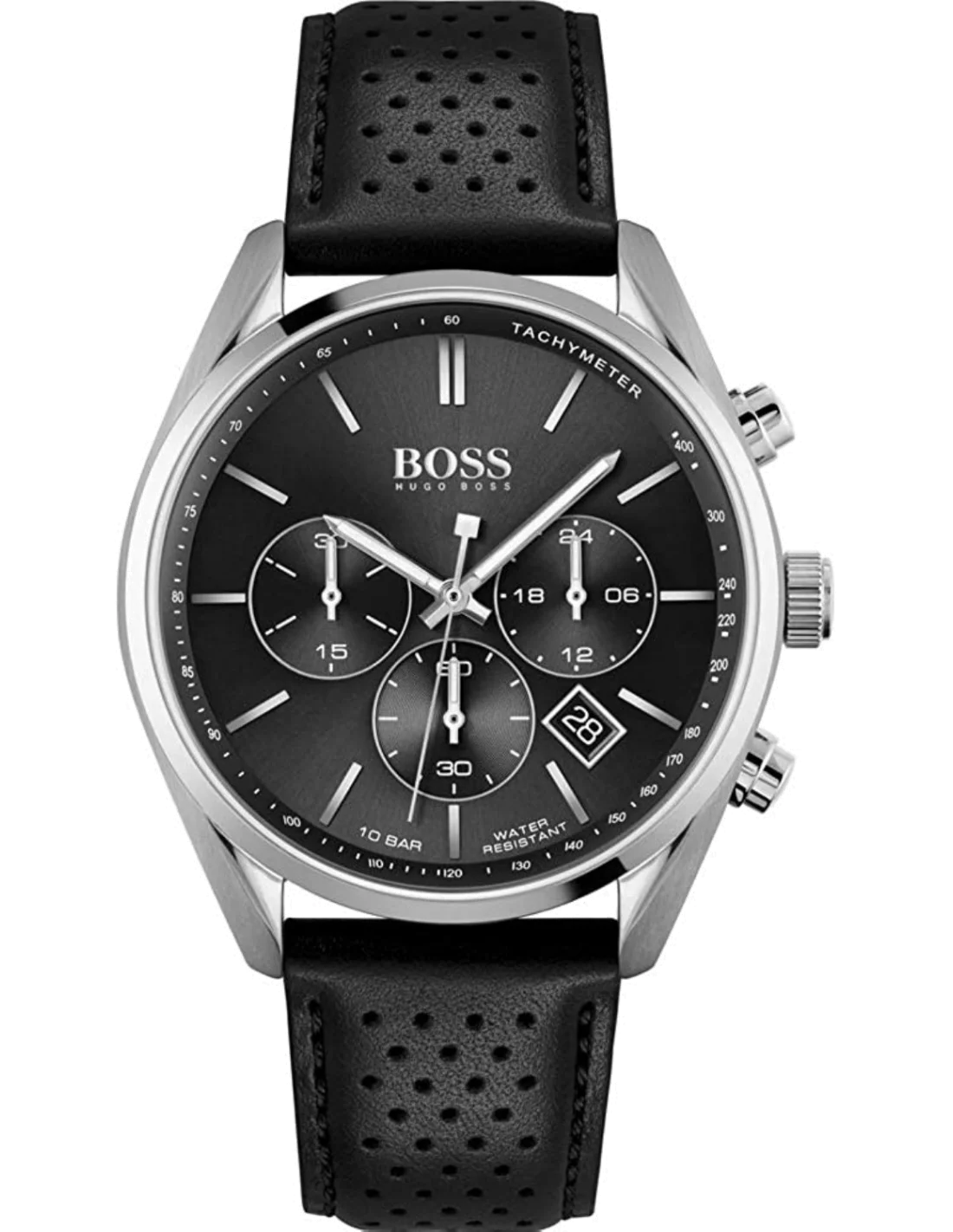 Montre Hugo Boss Champion 1513816 pour Homme - Boîtier Acier, Cadran Noir, Bracelet Cuir Perforé Noir