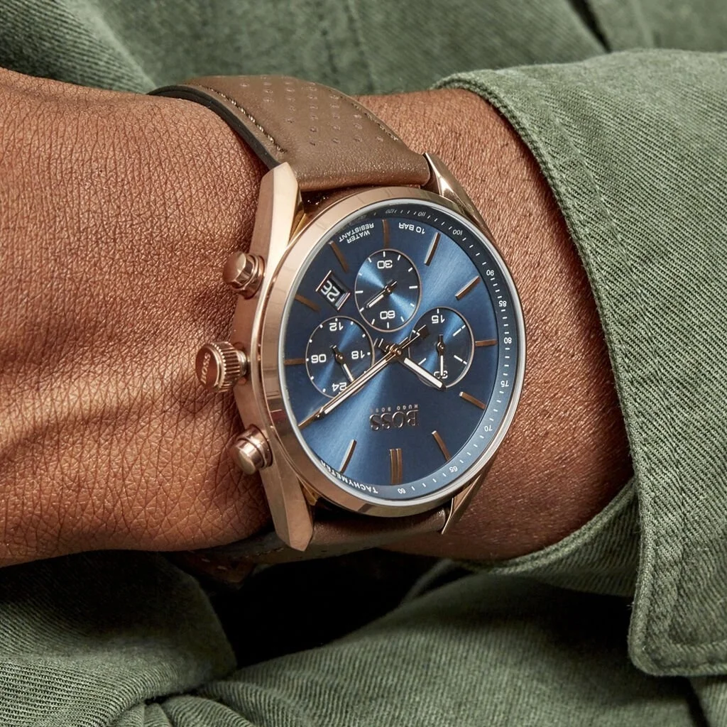 Montre Homme Hugo Boss Champion 1513817, Cadran Bleu, Boîtier Acier, Bracelet Cuir Marron vue 4