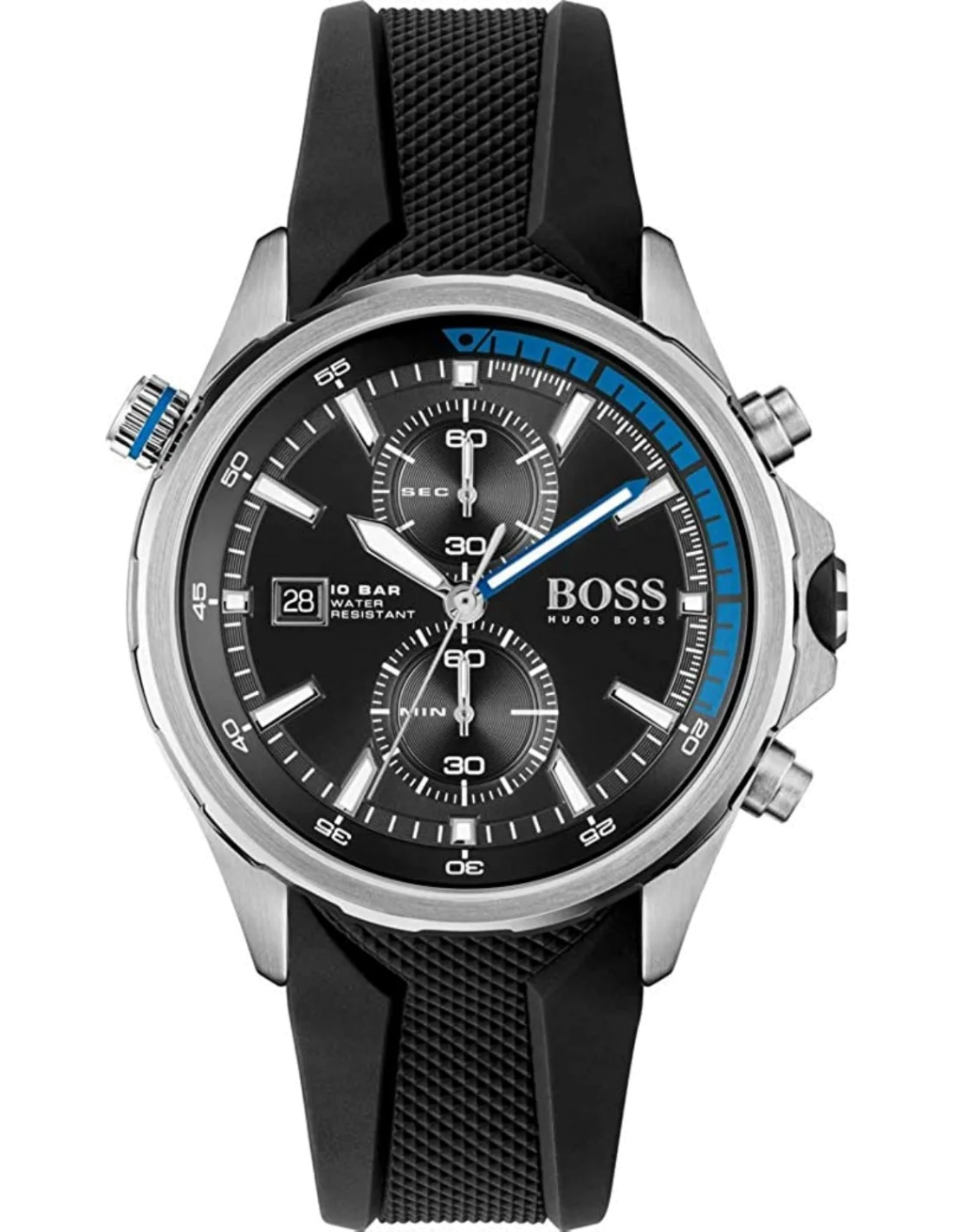 Montre Homme Hugo Boss Globetrotter Marine 1513820 Chronographe Cadran Noir Bracelet Silicone