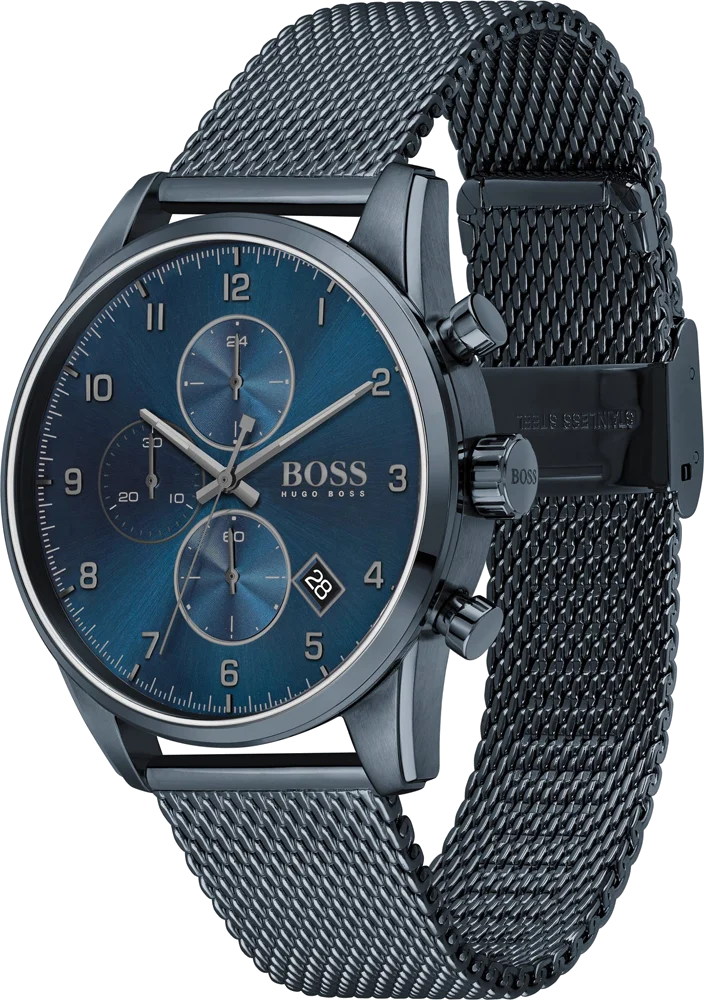 Montre Homme Hugo Boss Skymaster 1513836 - Boîtier et bracelet maille milanaise acier bleu vue 2