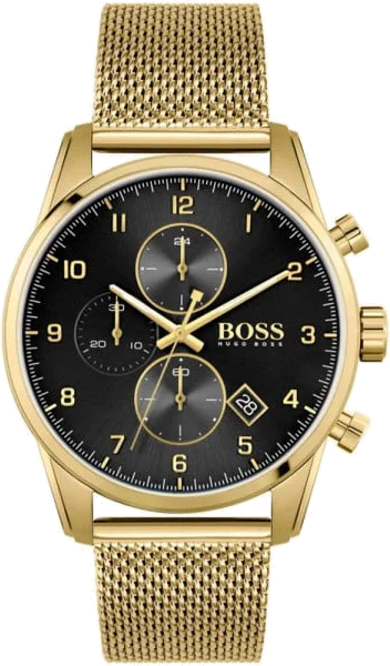 Montre Homme Hugo Boss Skymaster 1513838, Cadran Noir, Boîtier et Bracelet Maille Milanaise Or