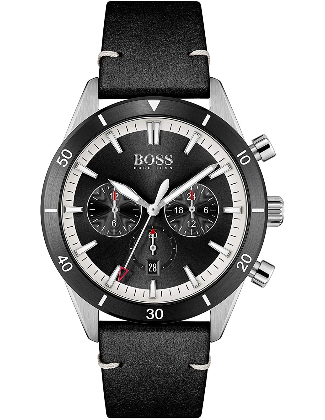 Montre Homme Hugo Boss Santiago 1513864, Boîtier Acier 44mm, Cadran Noir Chronographe, Bracelet Cuir