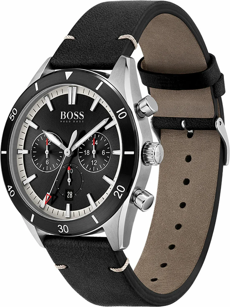 Montre Homme Hugo Boss Santiago 1513864, Boîtier Acier 44mm, Cadran Noir Chronographe, Bracelet Cuir vue 2