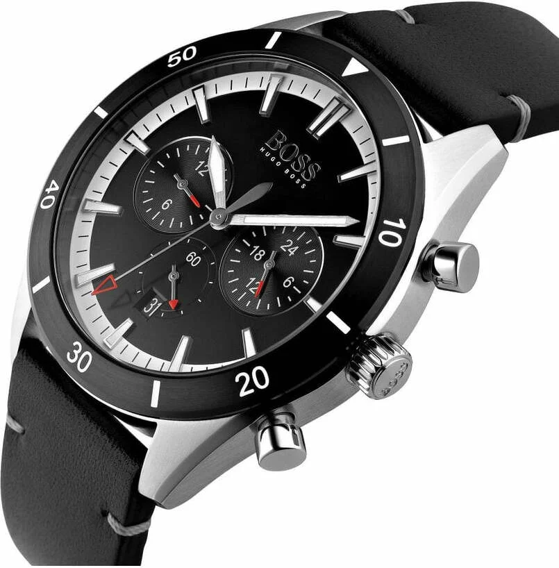 Montre Homme Hugo Boss Santiago 1513864, Boîtier Acier 44mm, Cadran Noir Chronographe, Bracelet Cuir vue 3