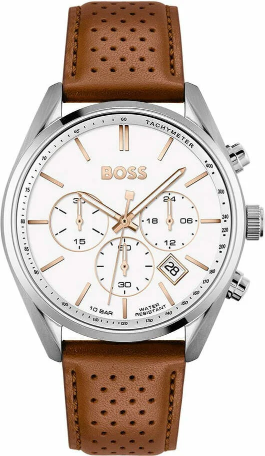 Montre Homme Hugo Boss Champion 1513879, boîtier acier 44mm, cadran blanc, bracelet cuir perforé marron