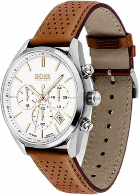 Montre Homme Hugo Boss Champion 1513879, boîtier acier 44mm, cadran blanc, bracelet cuir perforé marron vue 2