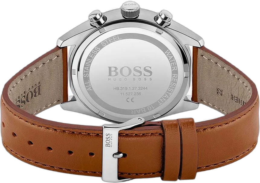 Montre Homme Hugo Boss Champion 1513879, boîtier acier 44mm, cadran blanc, bracelet cuir perforé marron vue 3