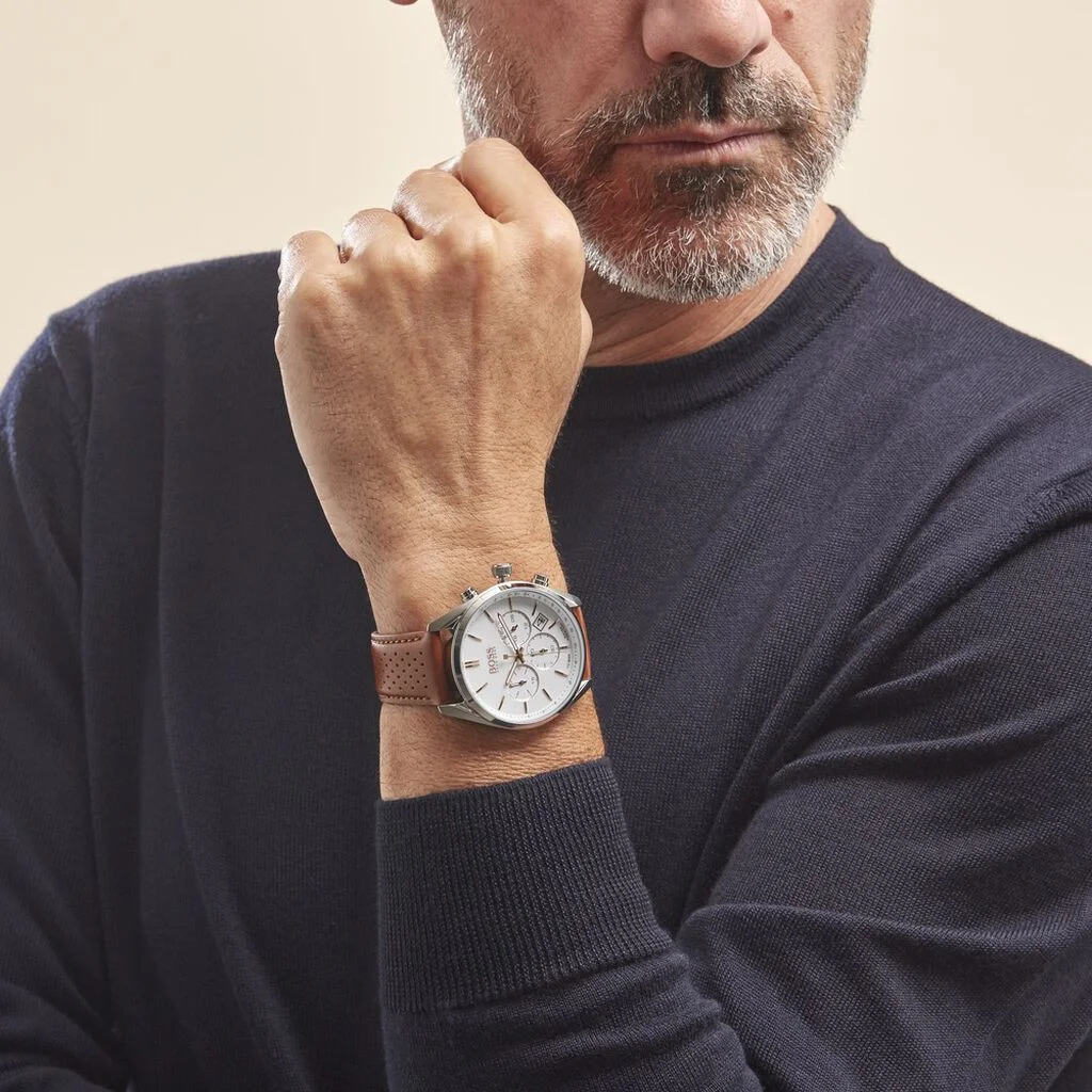 Montre Homme Hugo Boss Champion 1513879, boîtier acier 44mm, cadran blanc, bracelet cuir perforé marron vue 5