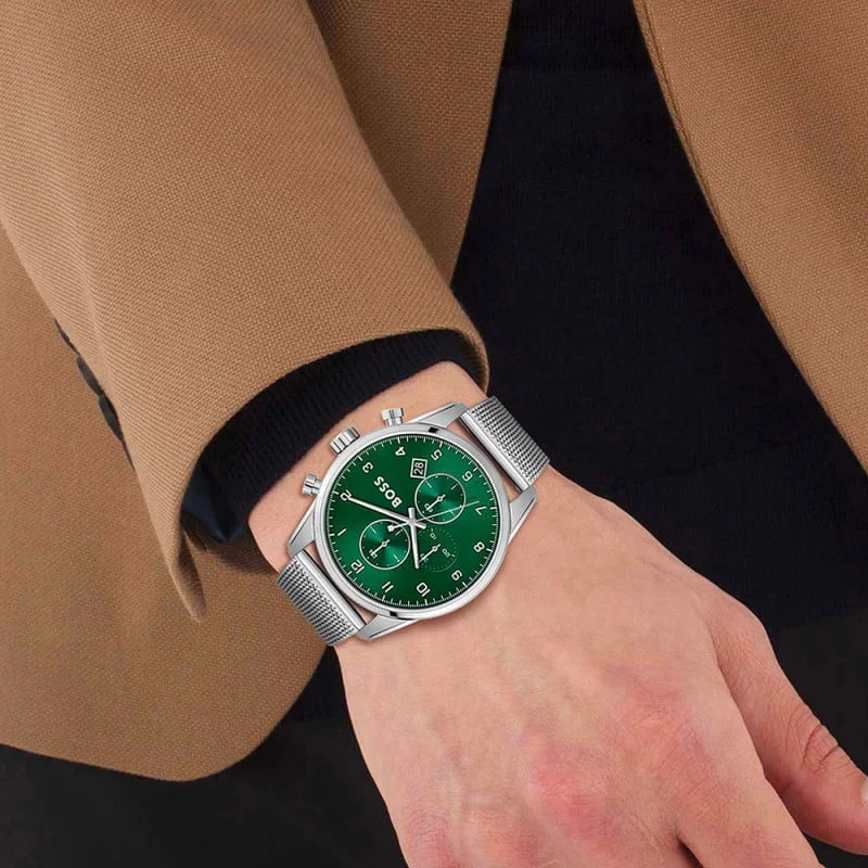 Montre Homme Hugo Boss Skymaster 1513938 - Cadran vert et bracelet maille milanaise argenté vue 3