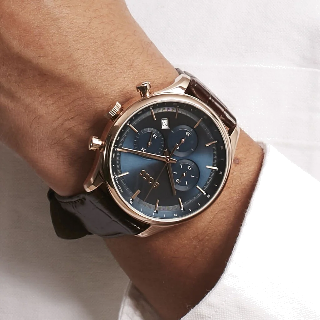 Montre Hugo Boss Sport Lux Gregor 1514050 pour Homme - Cadran Bleu, Bracelet Cuir Marron vue 4