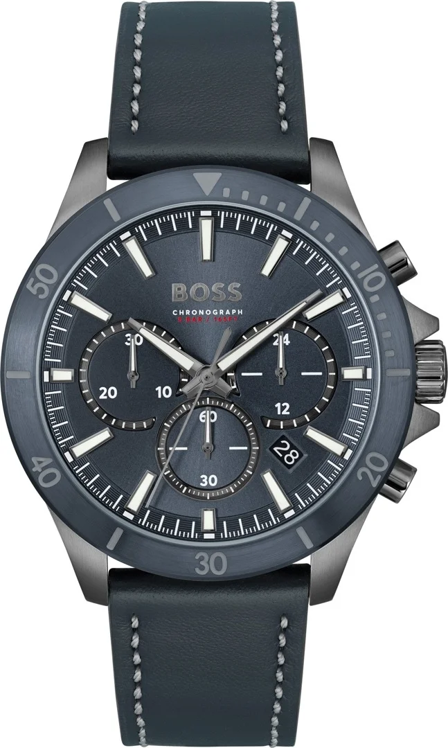 Montre Homme Hugo Boss Troper 1514056, boîtier acier gris 44mm, cadran bleu multifonctions, bracelet cuir bleu