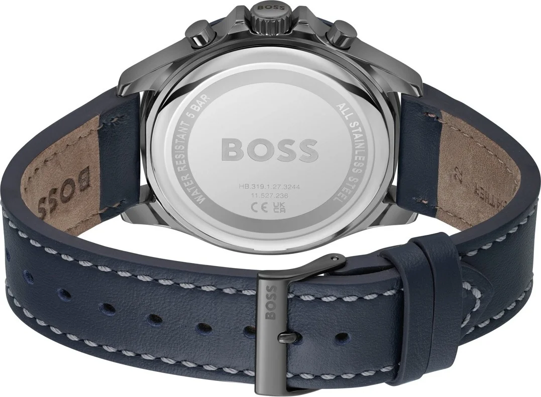 Montre Homme Hugo Boss Troper 1514056, boîtier acier gris 44mm, cadran bleu multifonctions, bracelet cuir bleu vue 3