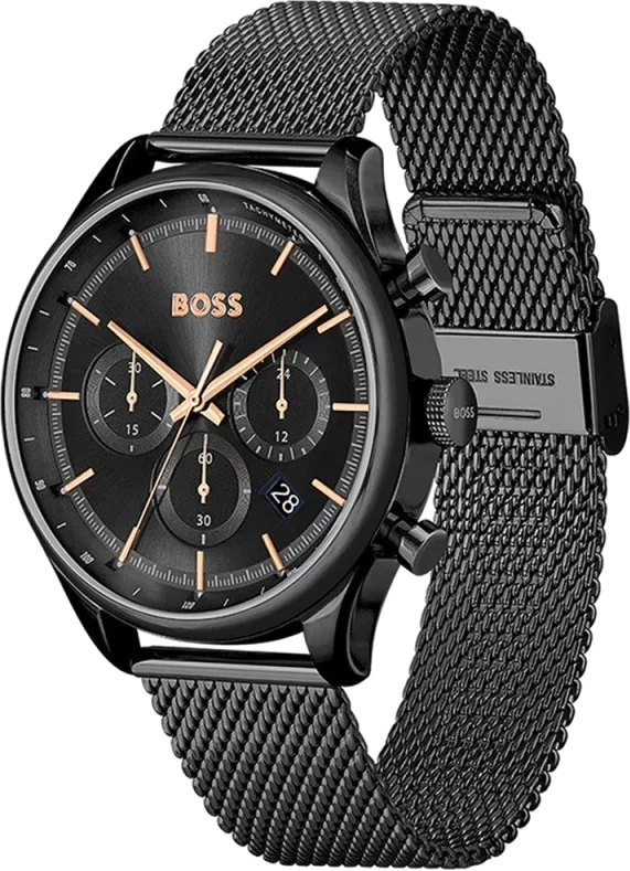 Montre Hugo Boss Gregor 1514065 pour Homme - Cadran noir, bracelet acier maille milanaise vue 2