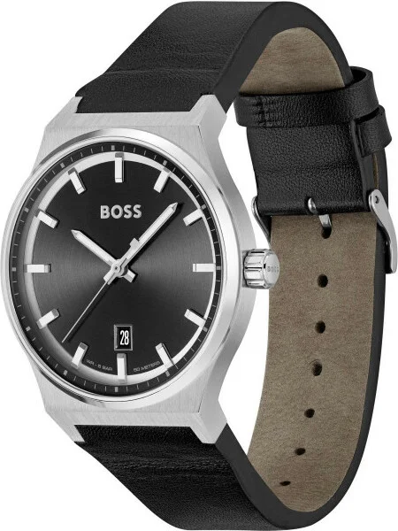 Montre Homme Hugo Boss 1514075 Candor - Boîtier Acier 41mm, Cadran Noir Soleillé, Bracelet Cuir Texturé Noir vue 2
