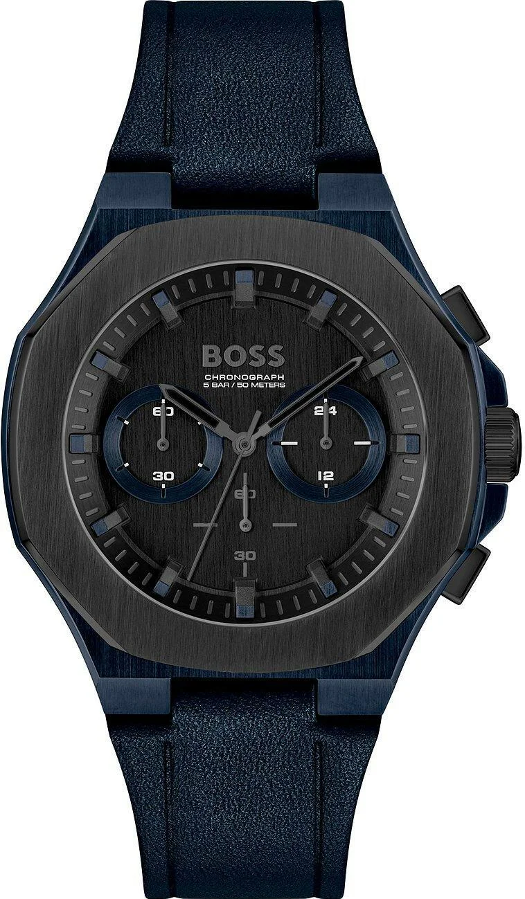 Montre Homme Hugo Boss 1514086 Chronographe Quartz Boîtier Acier Bleu Cadran Noir Bracelet Cuir