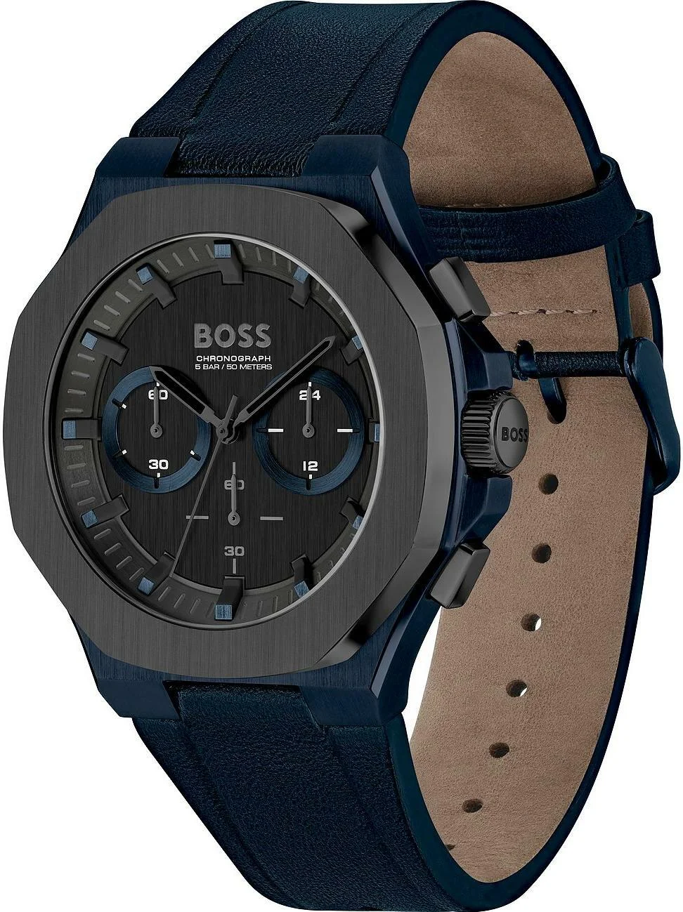 Montre Homme Hugo Boss 1514086 Chronographe Quartz Boîtier Acier Bleu Cadran Noir Bracelet Cuir vue 2
