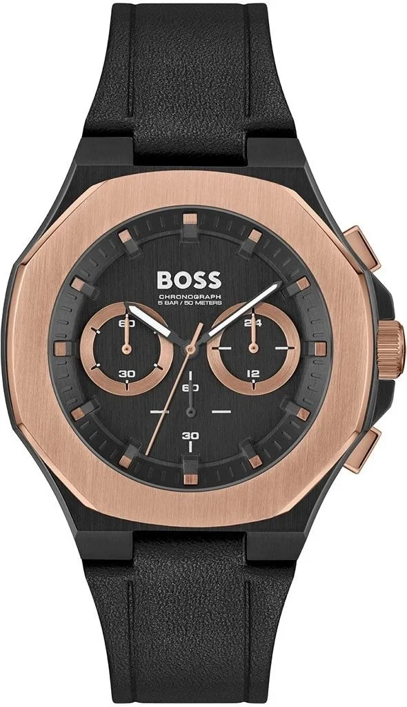 Montre Hugo Boss 1514089 Homme - Chronographe Quartz Acier Noir & Or Rose, Cadran 44mm, Bracelet Cuir Noir