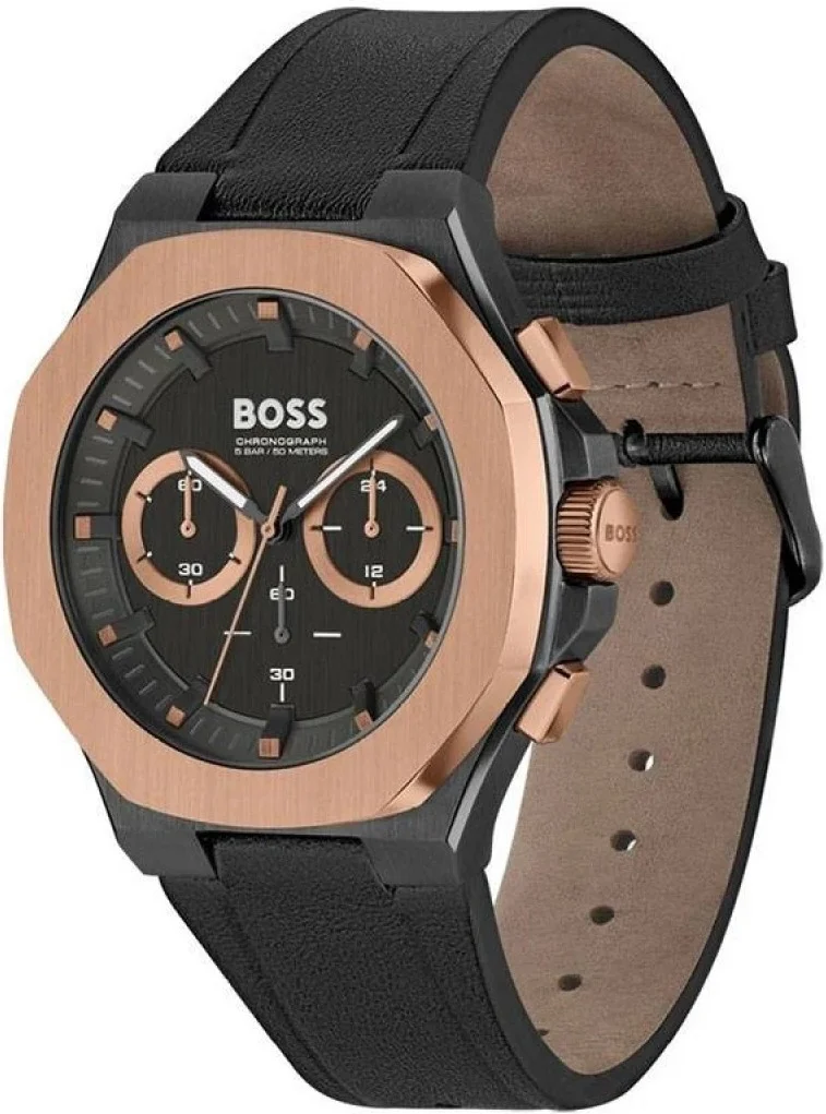 Montre Hugo Boss 1514089 Homme - Chronographe Quartz Acier Noir & Or Rose, Cadran 44mm, Bracelet Cuir Noir vue 2