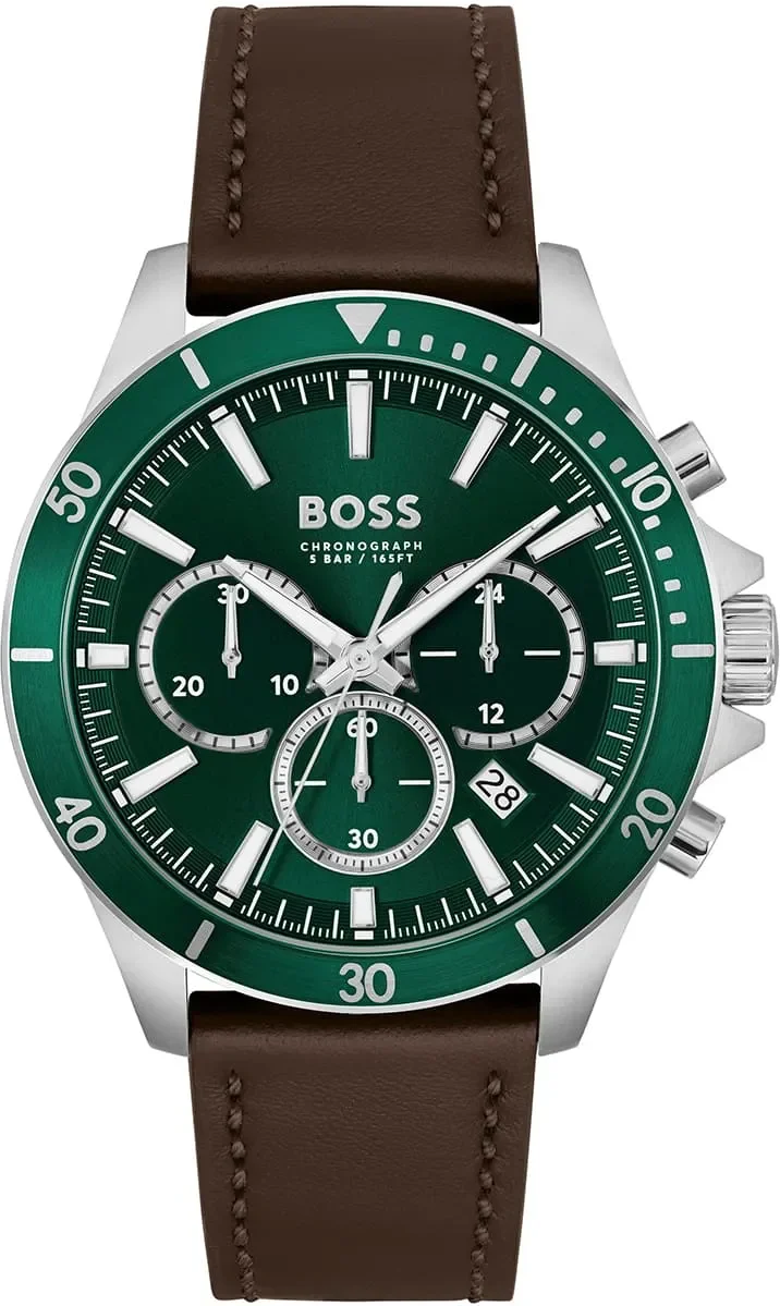 Montre Homme Hugo Boss Troper 1514098 - Cadran Vert, Bracelet Cuir Marron, Chronographe