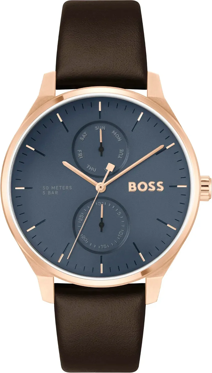 Montre Homme Hugo Boss 1514103 Tyler - Boîtier Or Rose, Cadran Bleu, Bracelet Cuir Marron