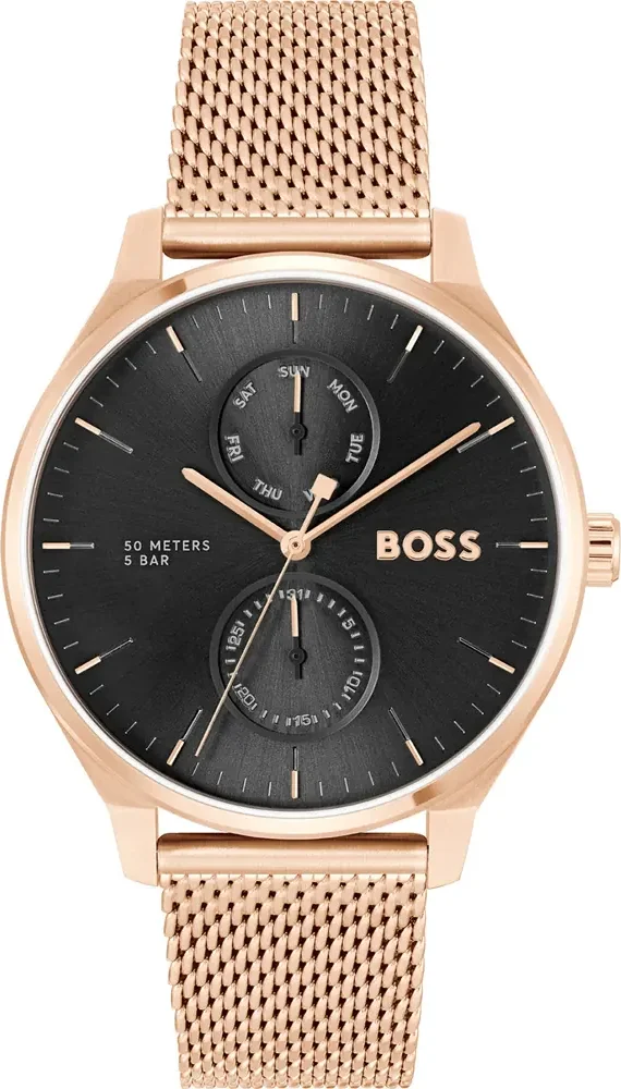 Montre Homme Hugo Boss 1514104 Tyler - Boîtier Or Rose, Cadran Noir, Bracelet Acier Maille Milanaise