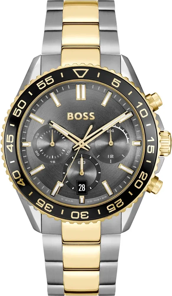 Montre Homme Hugo Boss Runner 1514144, Boîtier Acier Bicolore 44mm, Cadran Gris, Chronographe Quartz