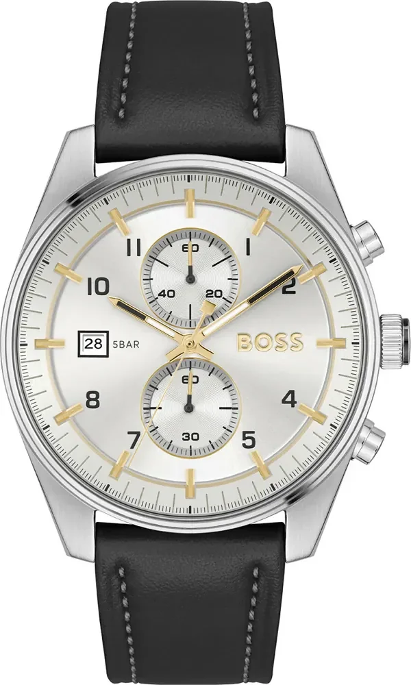 Montre Homme Hugo Boss 1514147 Skytraveller Chronographe Cadran Argent Acier Cuir Noir