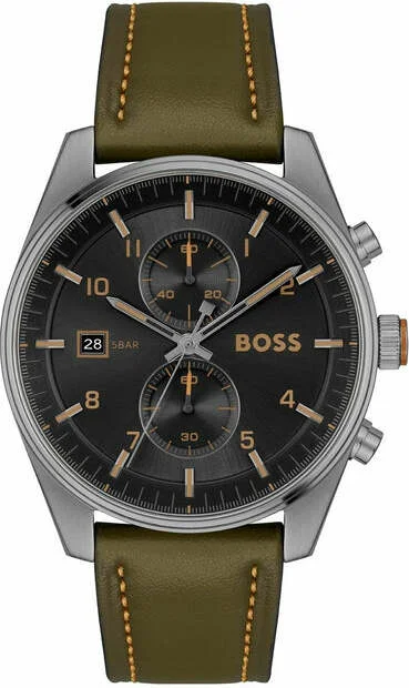 Montre Homme Hugo Boss 1514148 Skytraveller Chronographe Cadran Noir Acier Bracelet Cuir Kaki